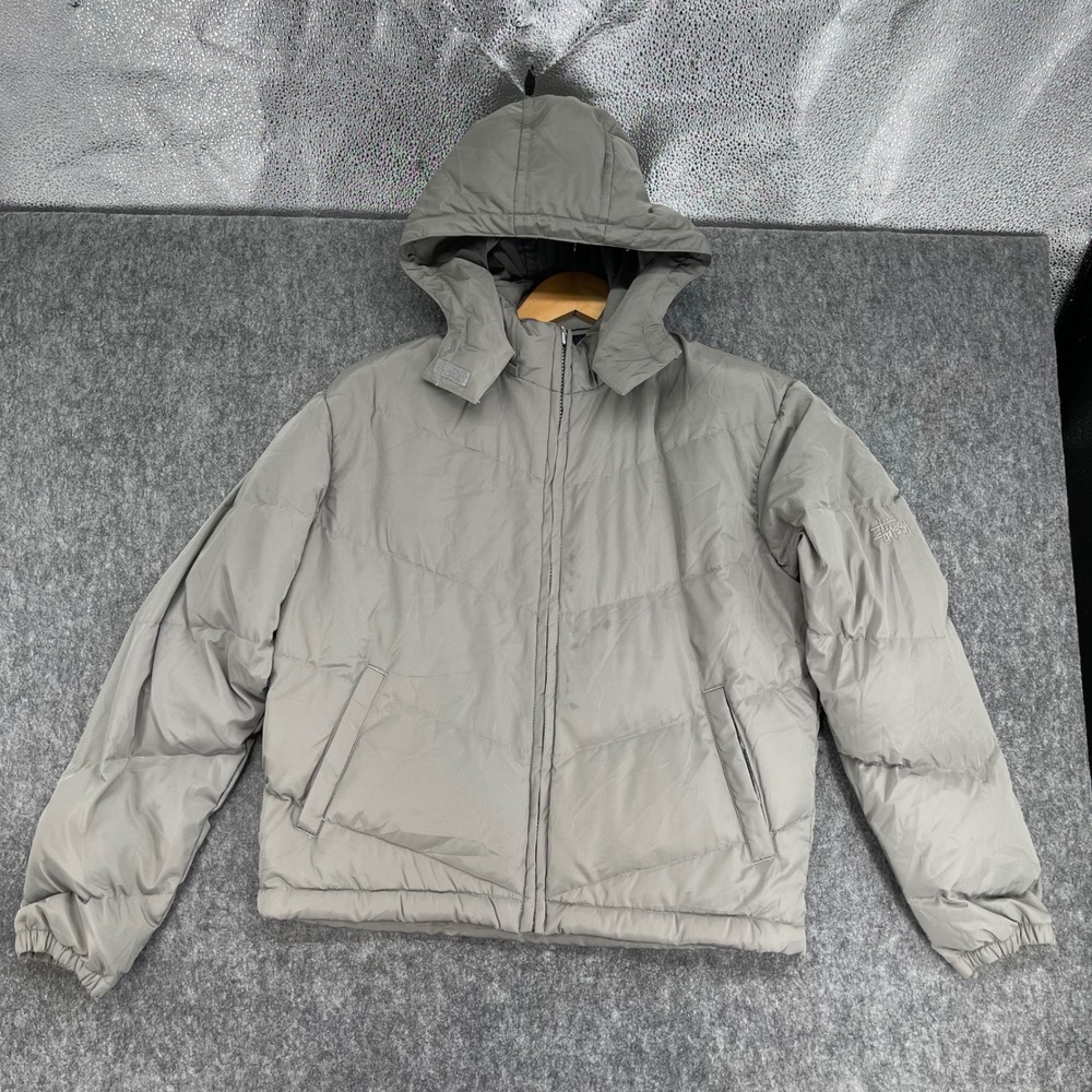 Vintage Stussy Jacket Mens Small Grey Quilted Puffer Embroidered Logo Full Zip